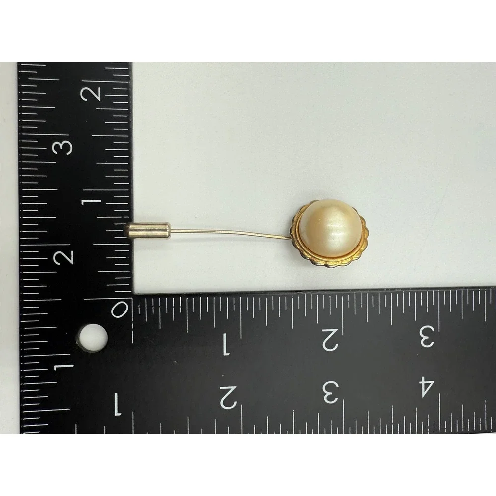 Vintage‎ Faux Pearl Stick Pin Gold Tone Scalloped Bezel Lapel Scarf Pin 2.5 Inch